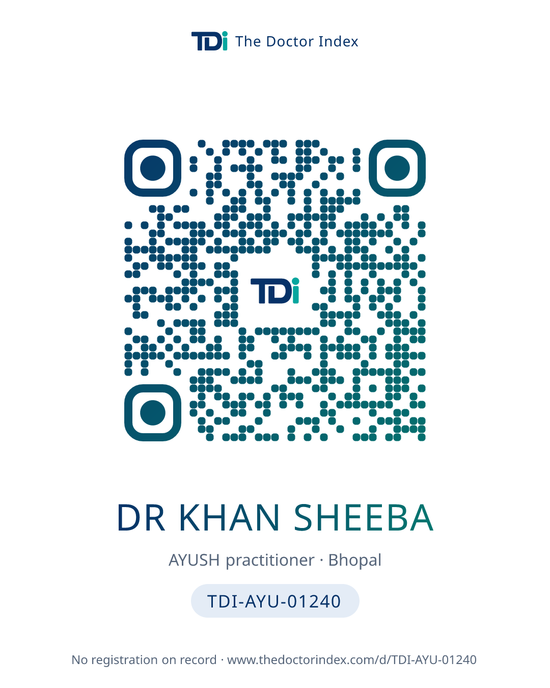 QR card for Dr Khan Sheeba, TDI-AYU-01240