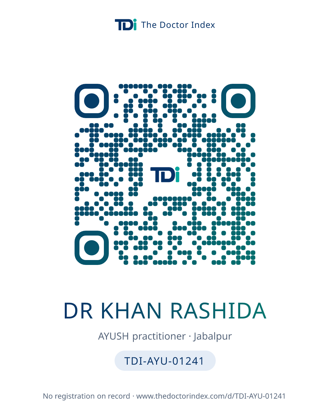 QR card for Dr Khan Rashida, TDI-AYU-01241