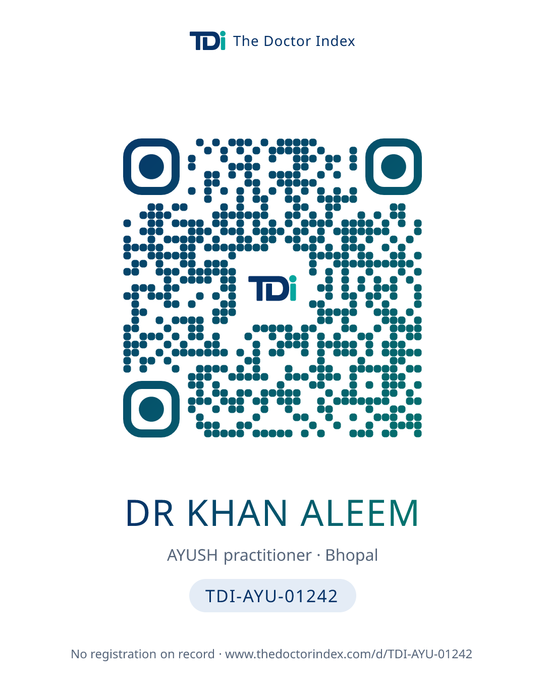 QR card for Dr Khan Aleem, TDI-AYU-01242
