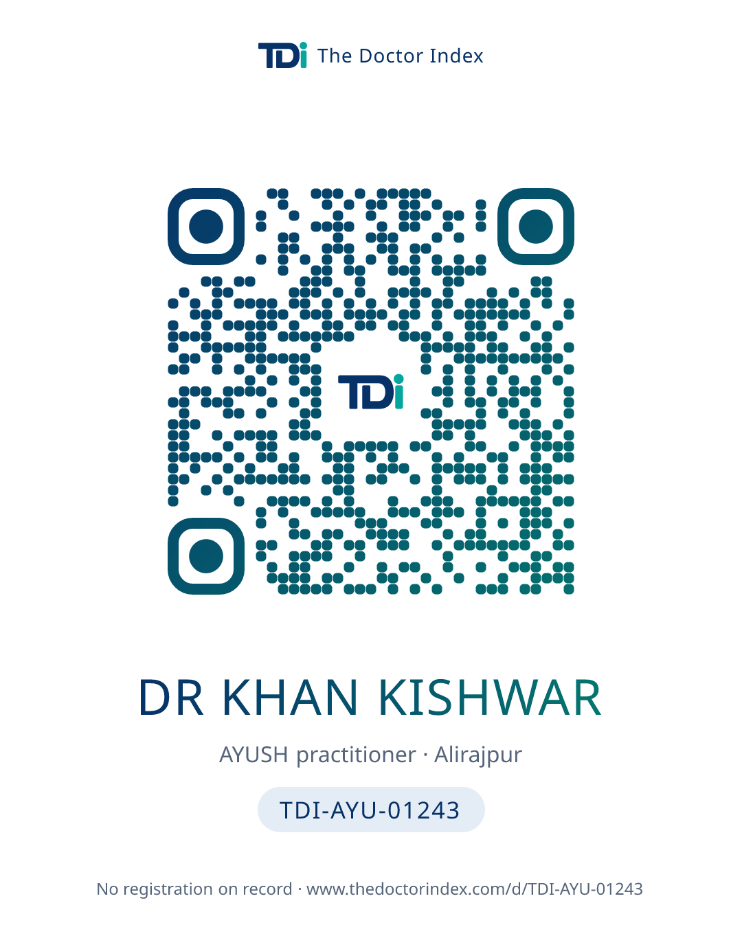 QR card for Dr Khan Kishwar, TDI-AYU-01243