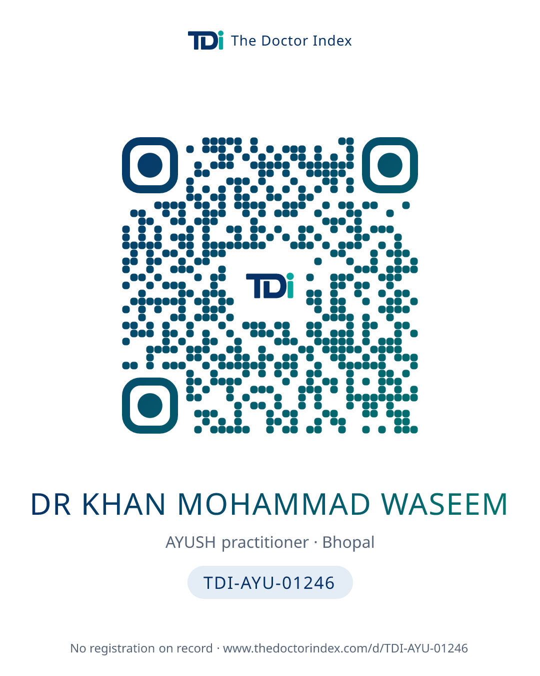 QR card for Dr Khan Mohammad Waseem, TDI-AYU-01246