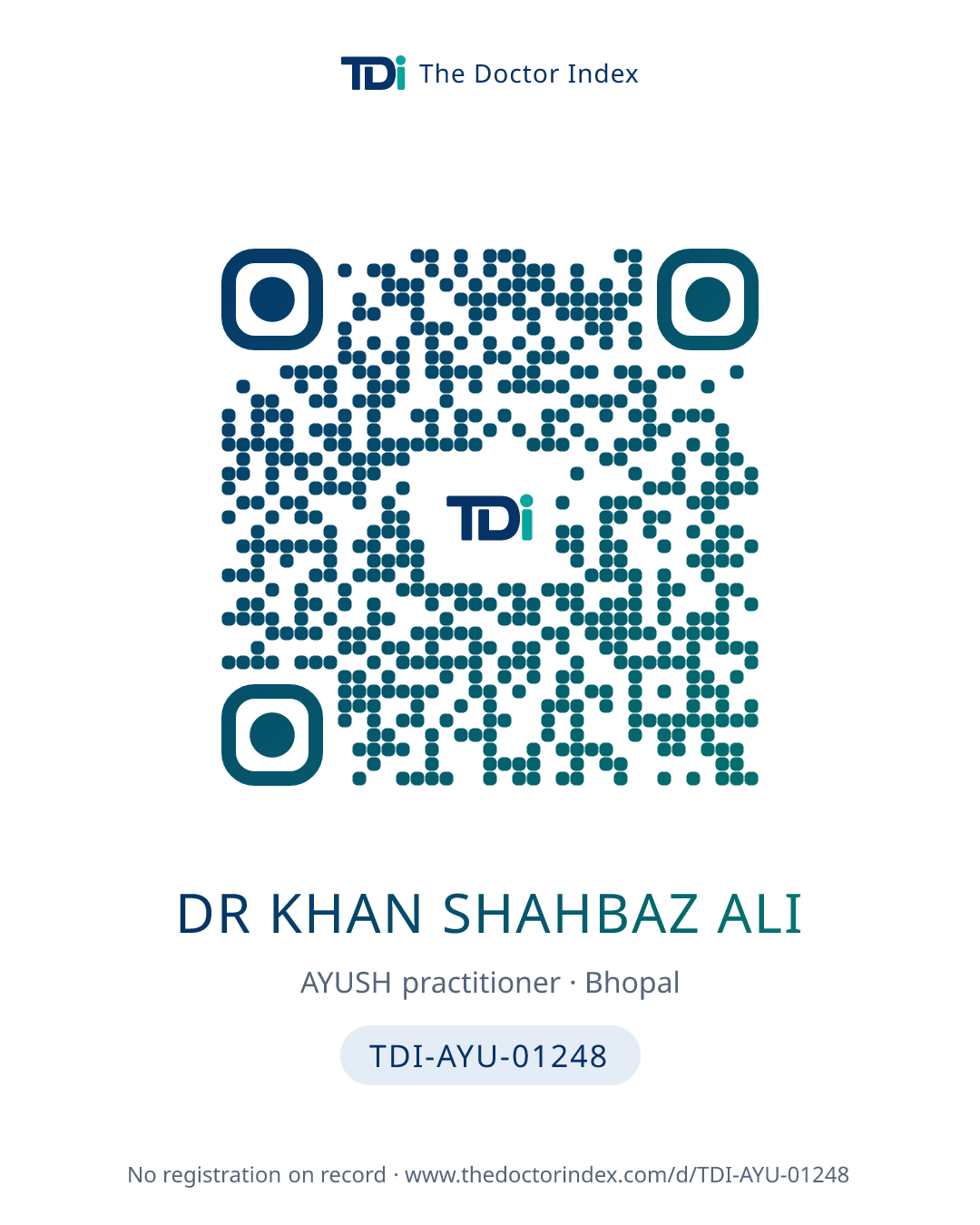 QR card for Dr Khan Shahbaz Ali, TDI-AYU-01248
