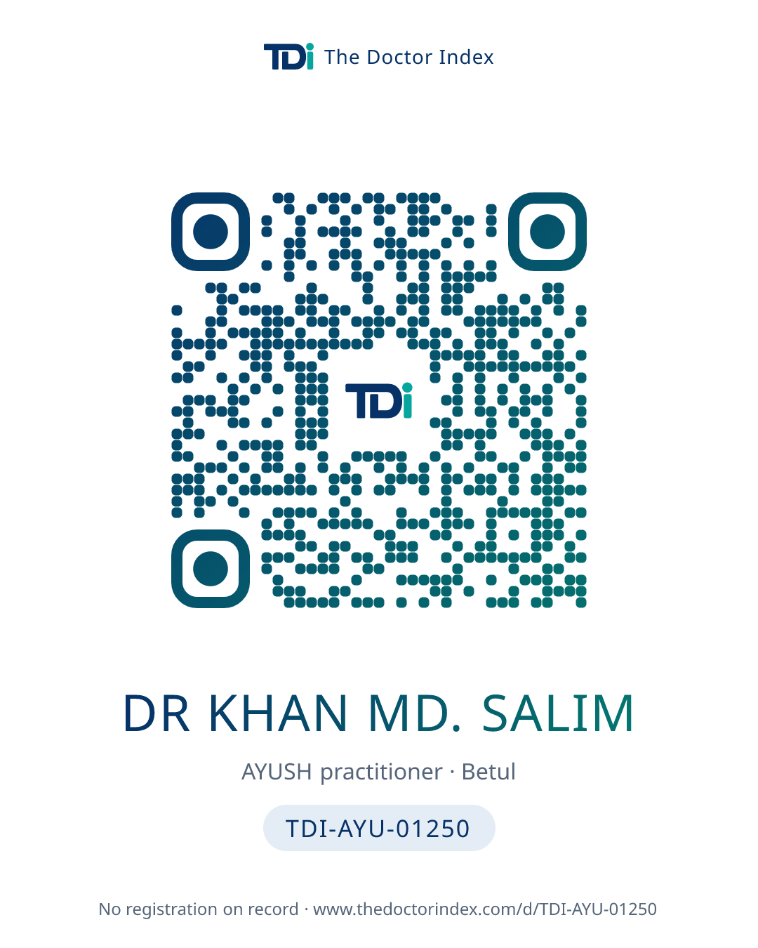 QR card for Dr Khan MD. Salim, TDI-AYU-01250