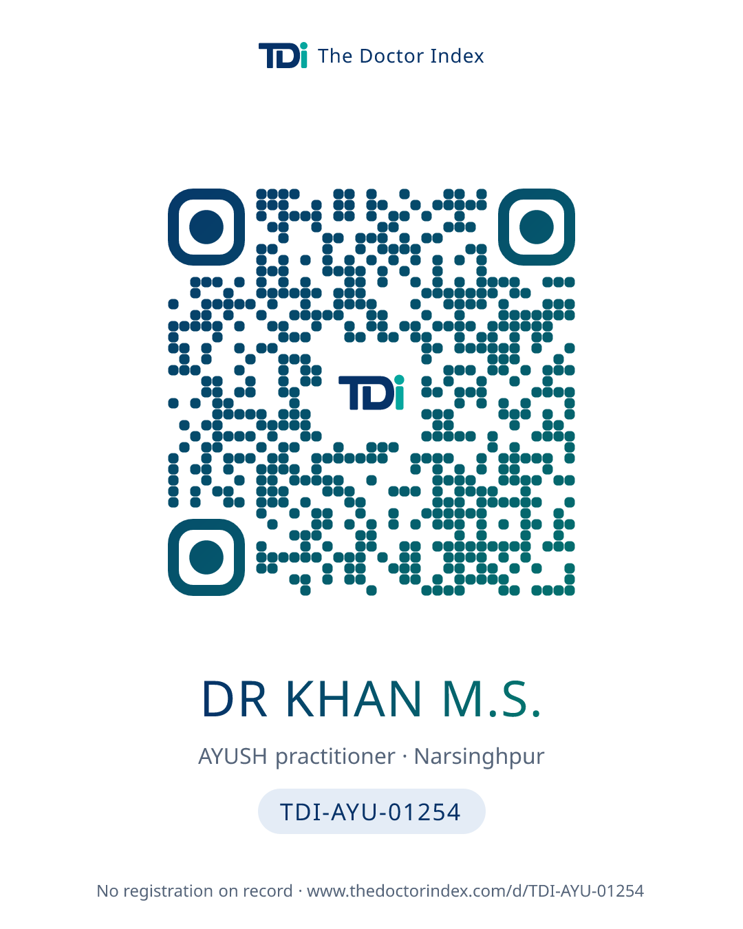QR card for Dr Khan M.S., TDI-AYU-01254