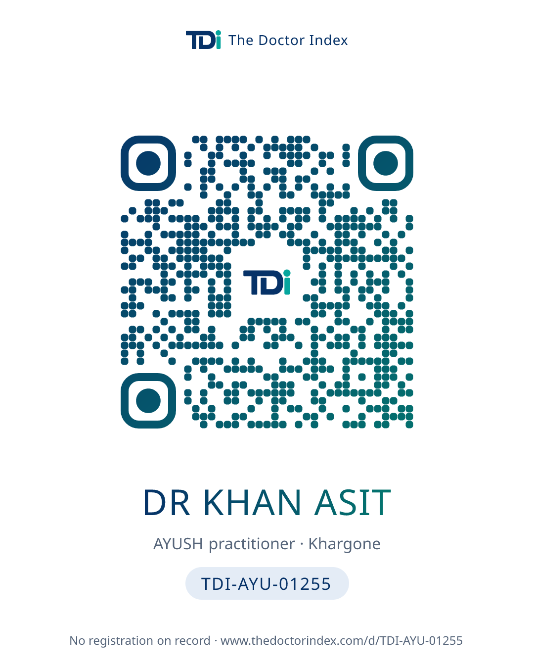 QR card for Dr Khan Asit, TDI-AYU-01255