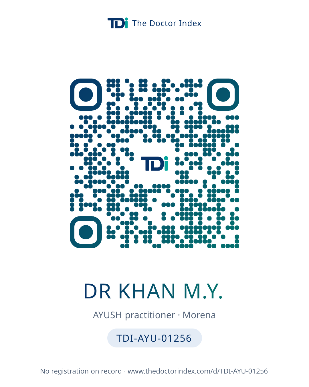 QR card for Dr Khan M.Y., TDI-AYU-01256