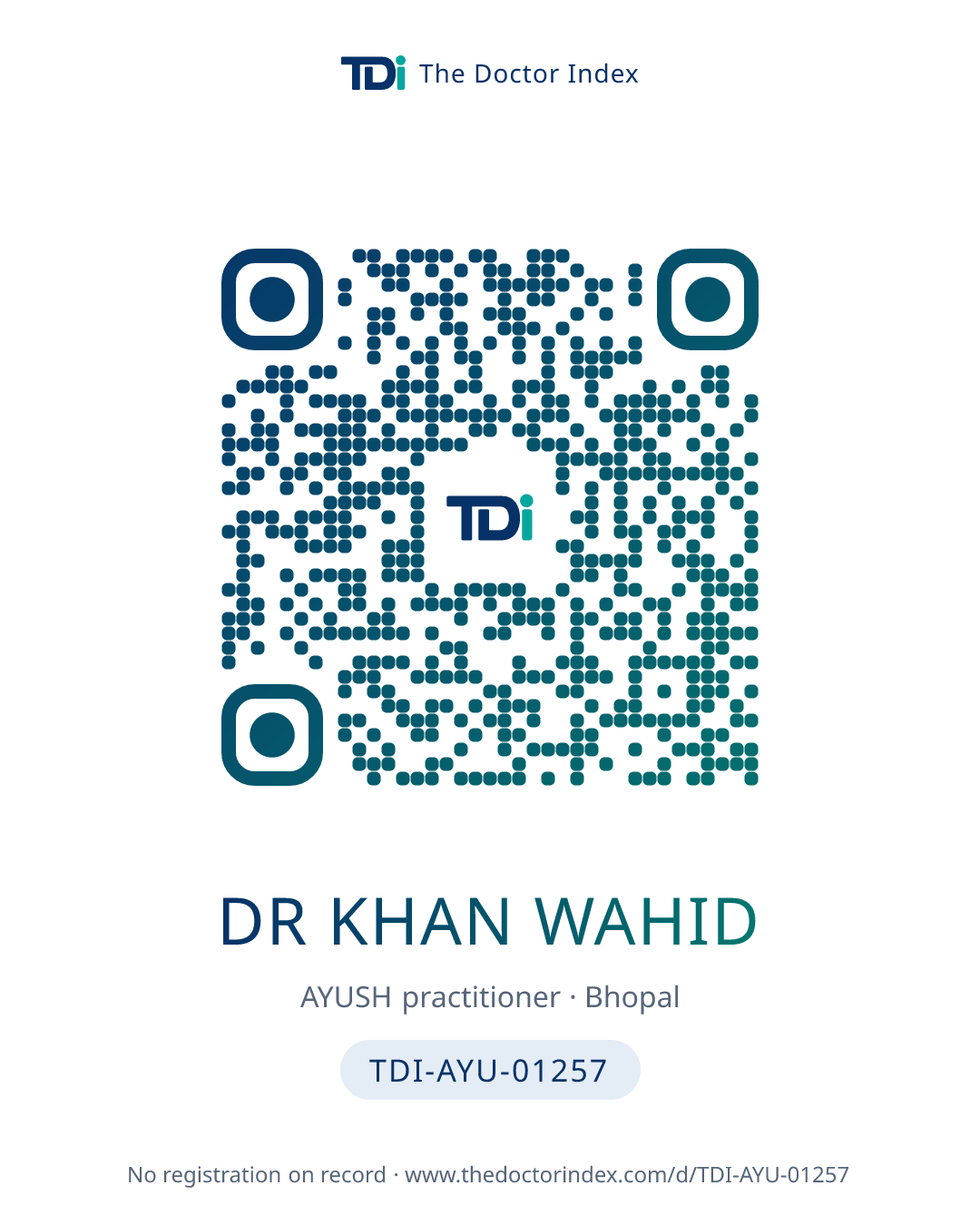 QR card for Dr Khan Wahid, TDI-AYU-01257