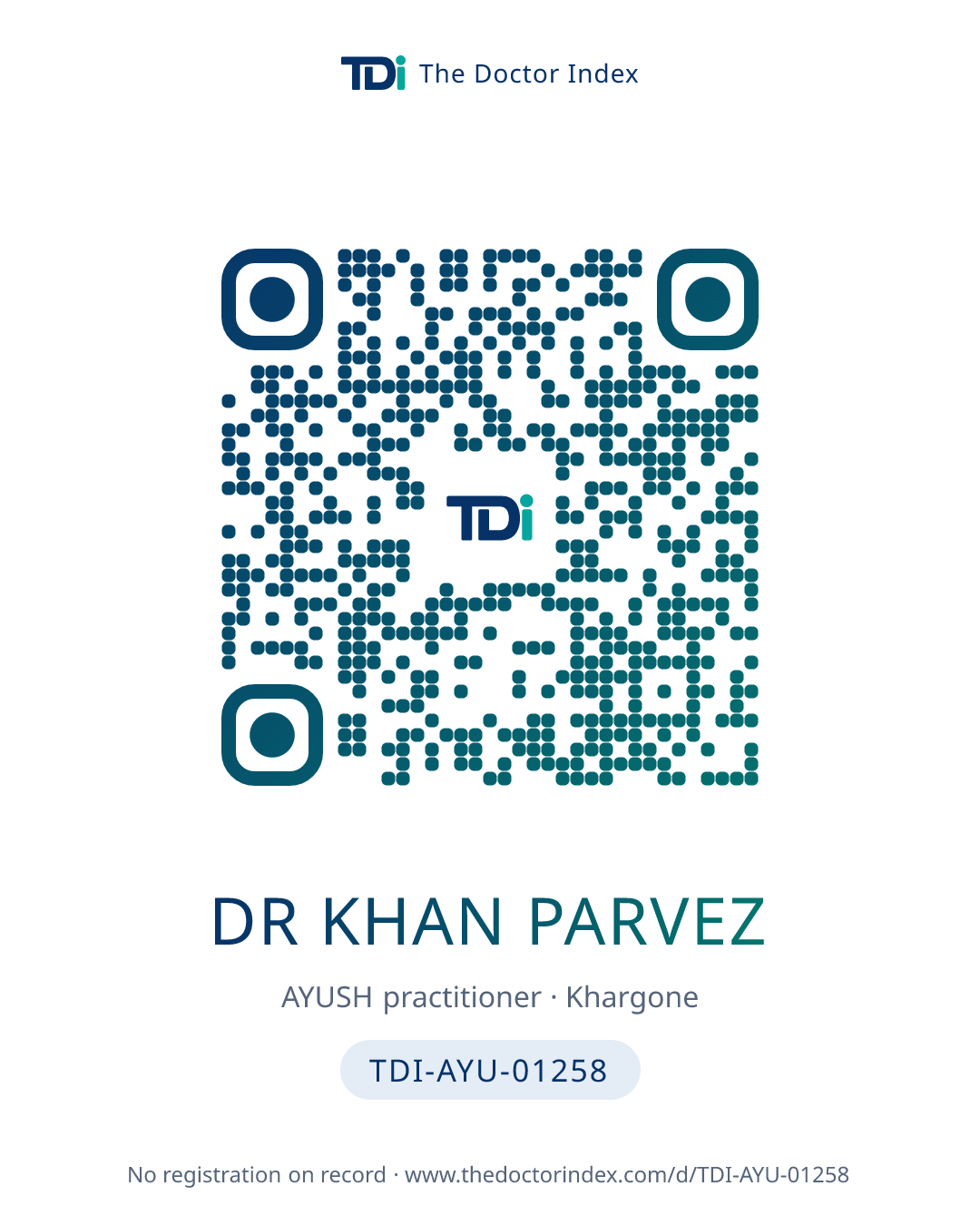 QR card for Dr Khan Parvez, TDI-AYU-01258