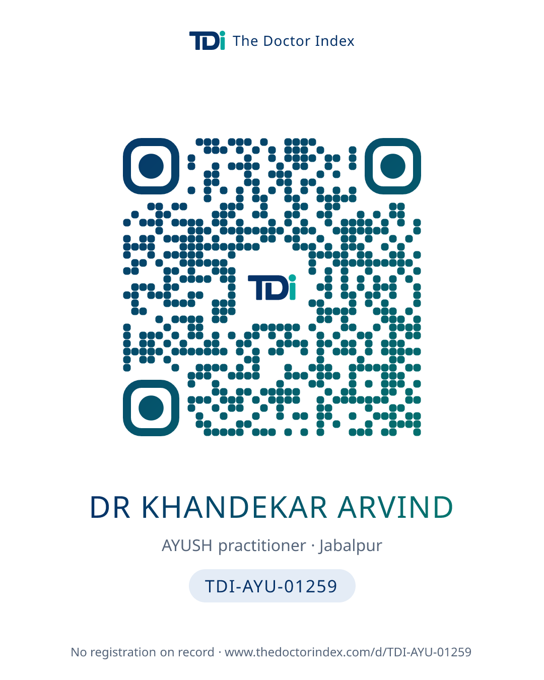 QR card for Dr Khandekar Arvind, TDI-AYU-01259