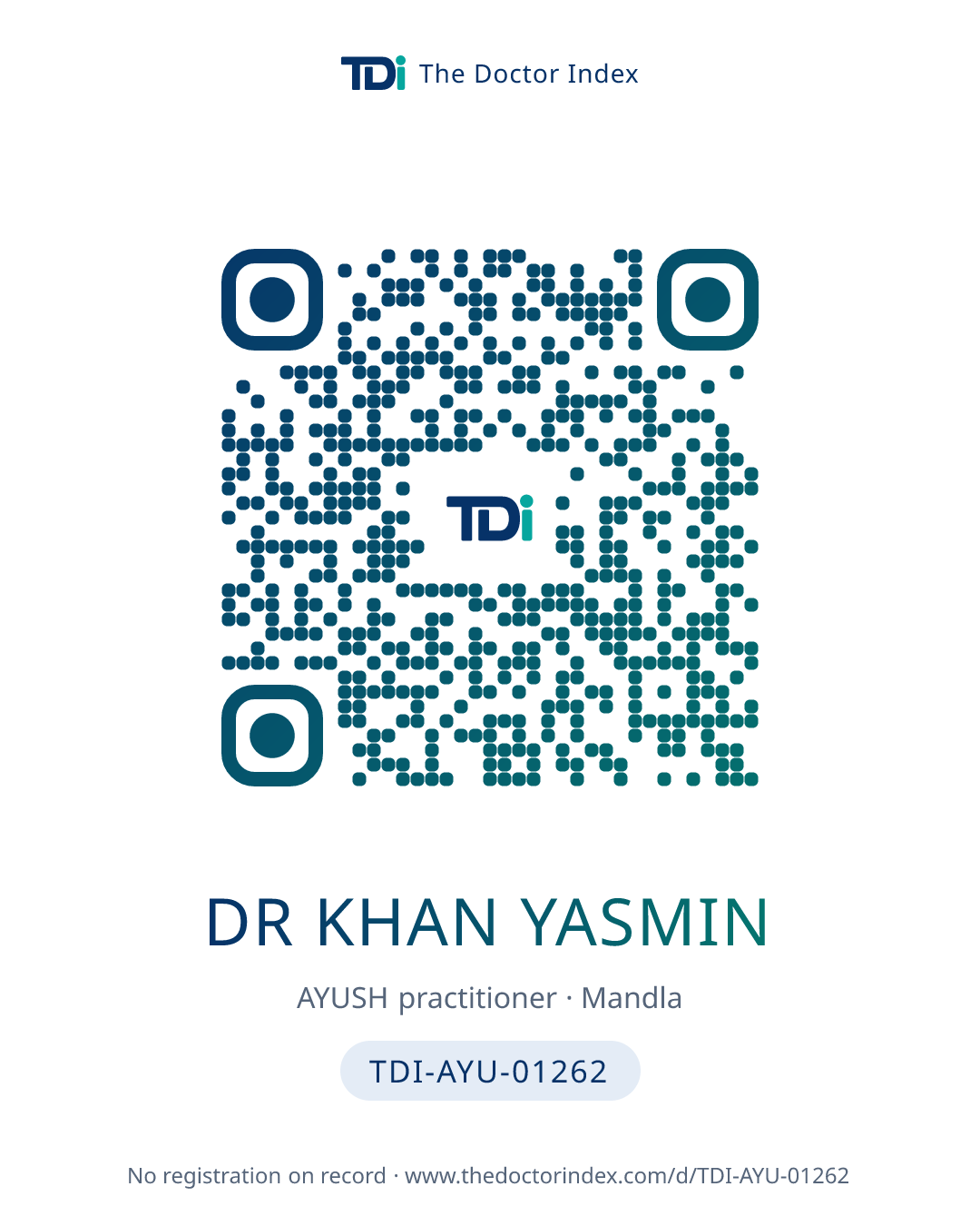 QR card for Dr Khan Yasmin, TDI-AYU-01262