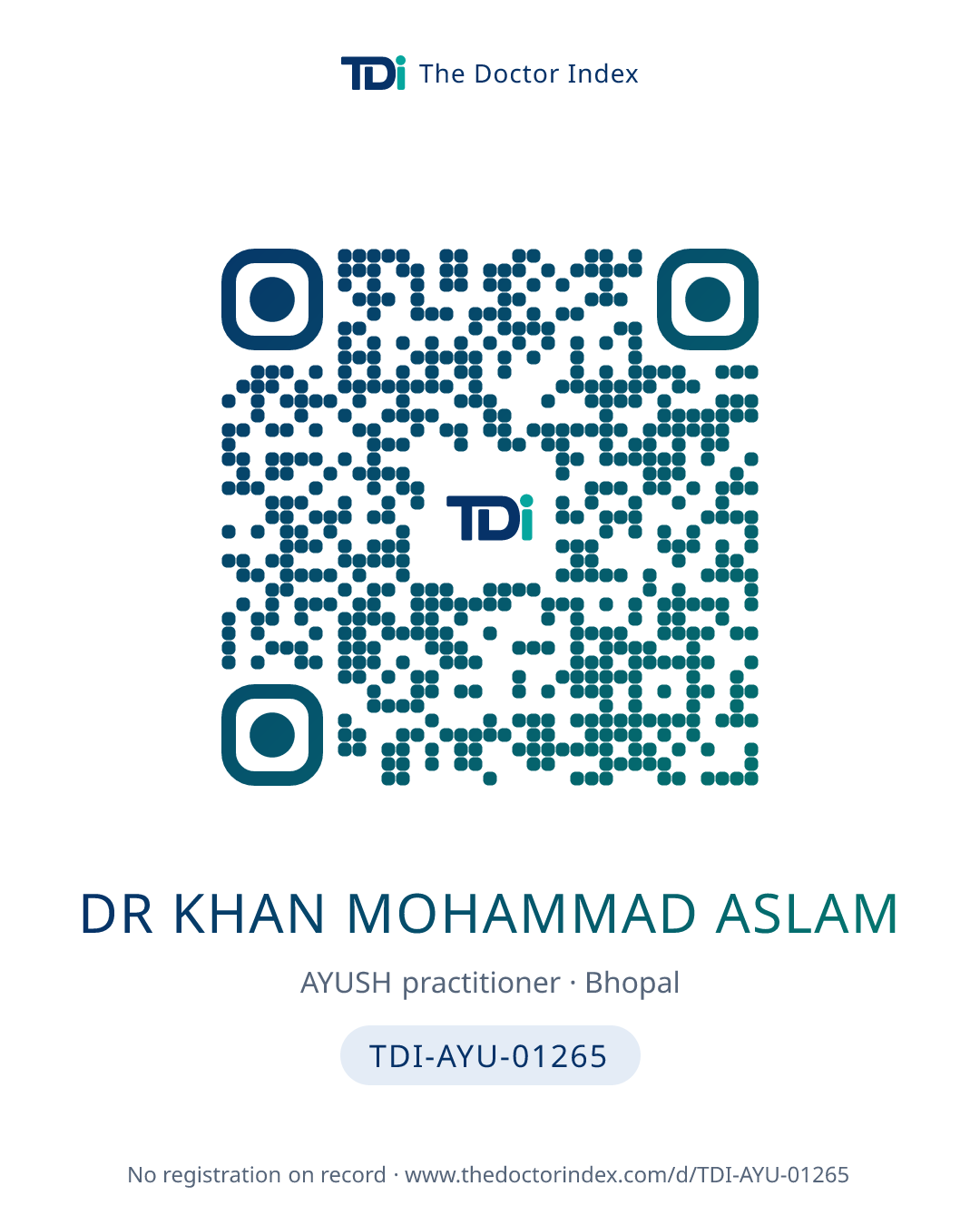 QR card for Dr Khan Mohammad Aslam, TDI-AYU-01265