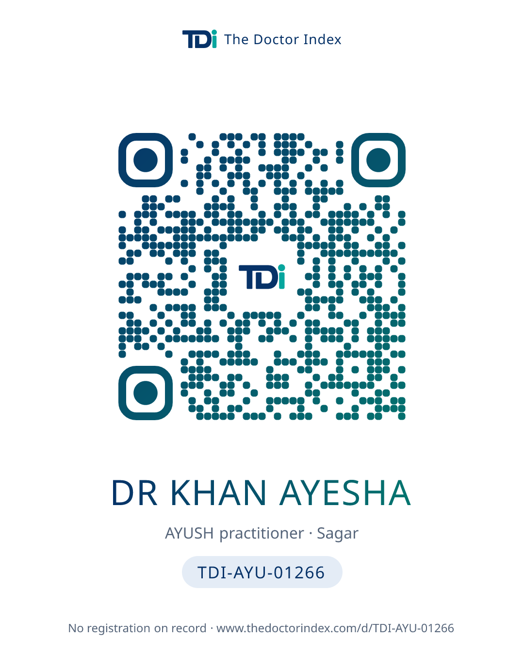 QR card for Dr Khan Ayesha, TDI-AYU-01266