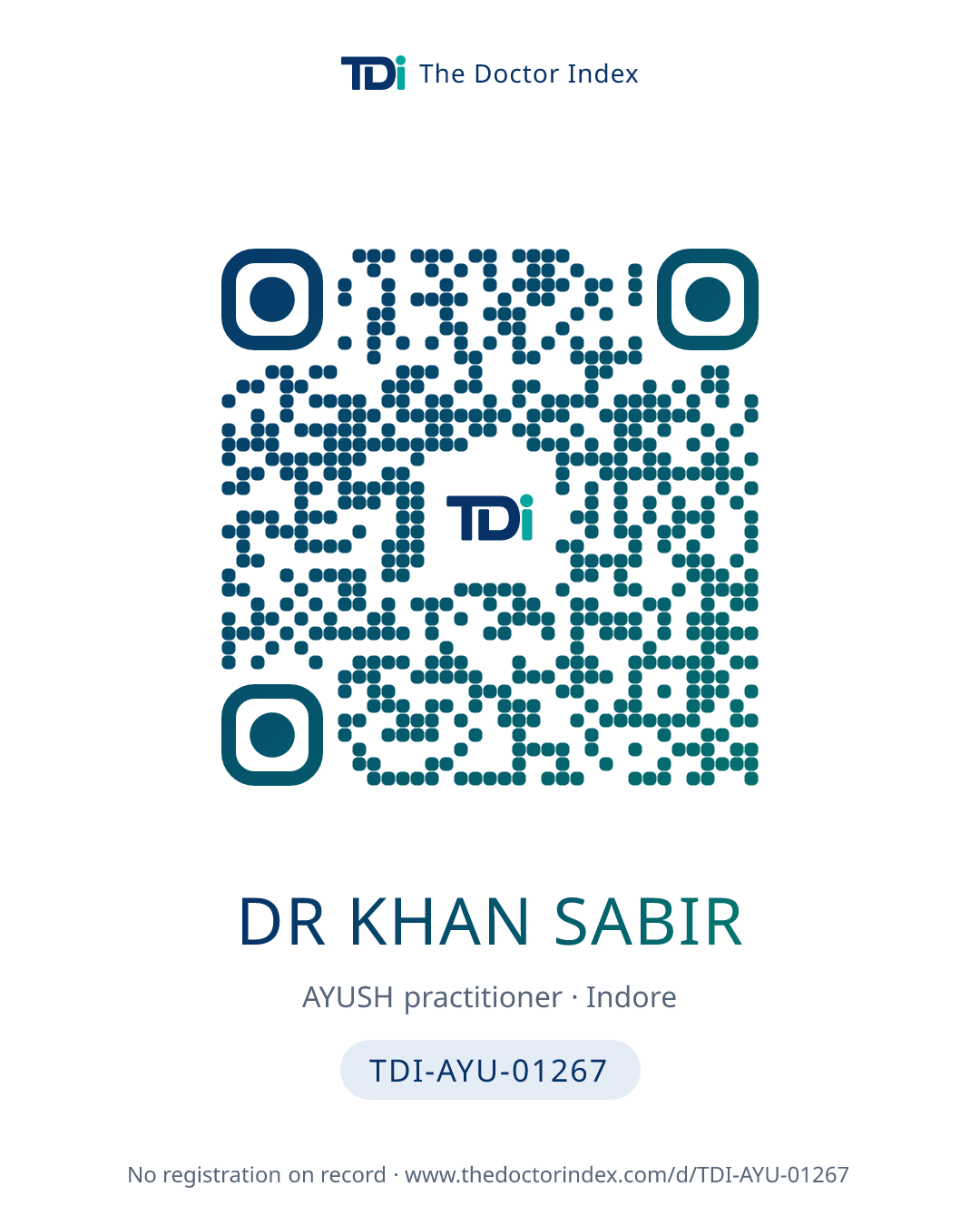 QR card for Dr Khan Sabir, TDI-AYU-01267