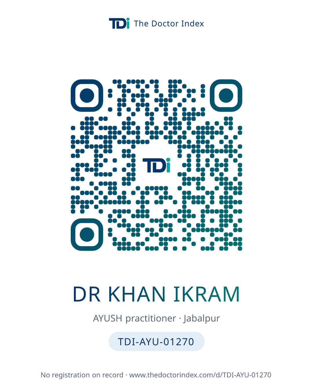 QR card for Dr Khan Ikram, TDI-AYU-01270