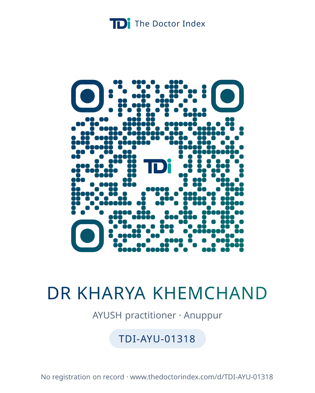 QR card for Dr Kharya Khemchand, TDI-AYU-01318