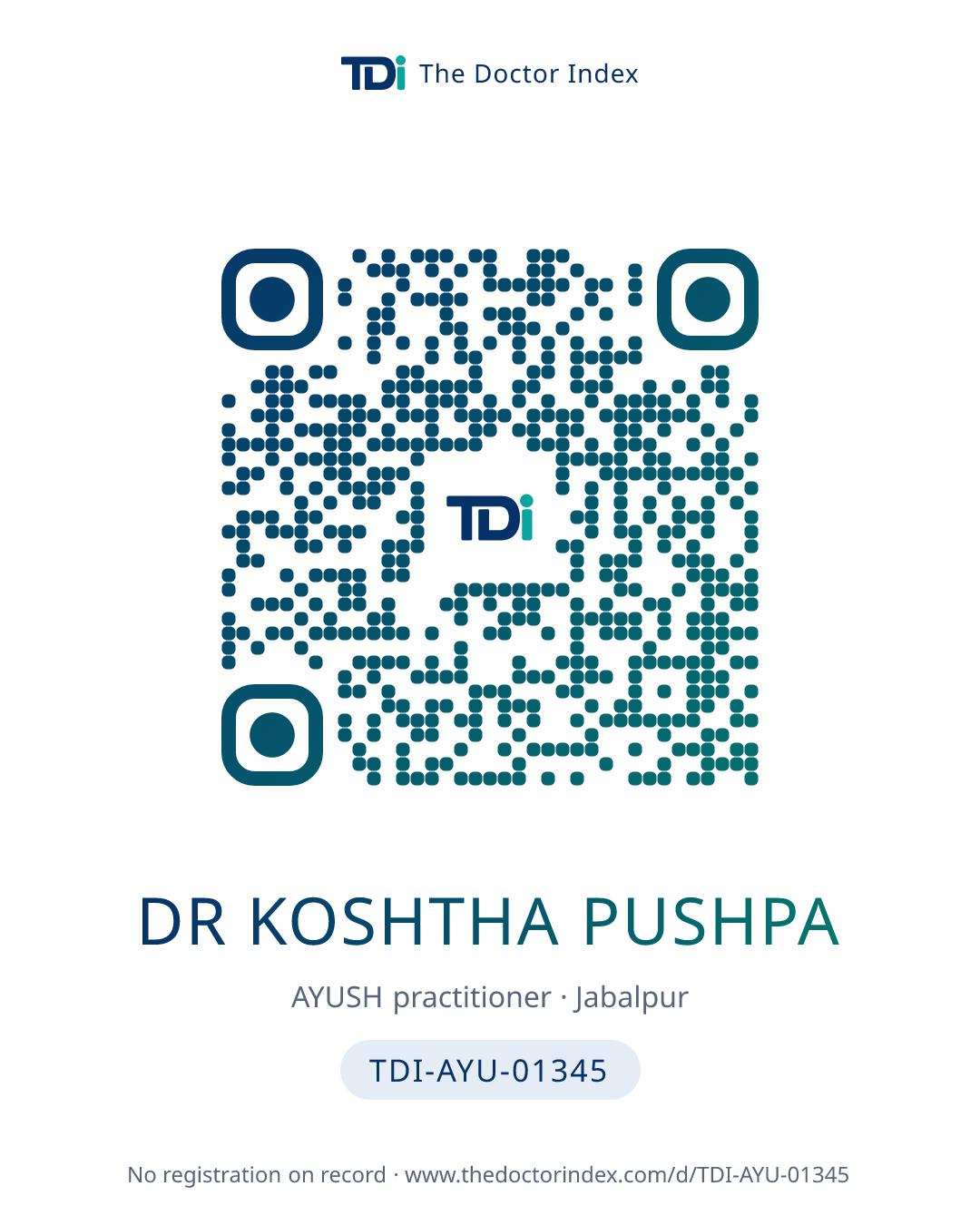 QR card for Dr Koshtha Pushpa, TDI-AYU-01345