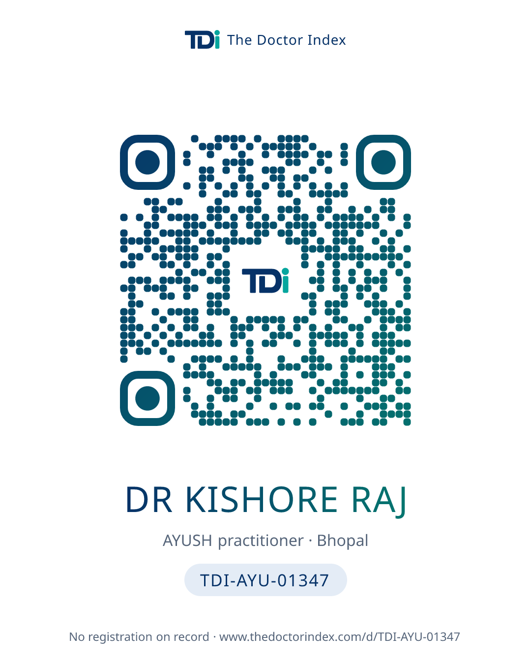 QR card for Dr Kishore Raj, TDI-AYU-01347