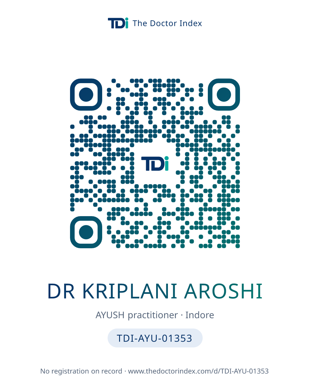 QR card for Dr Kriplani Aroshi, TDI-AYU-01353