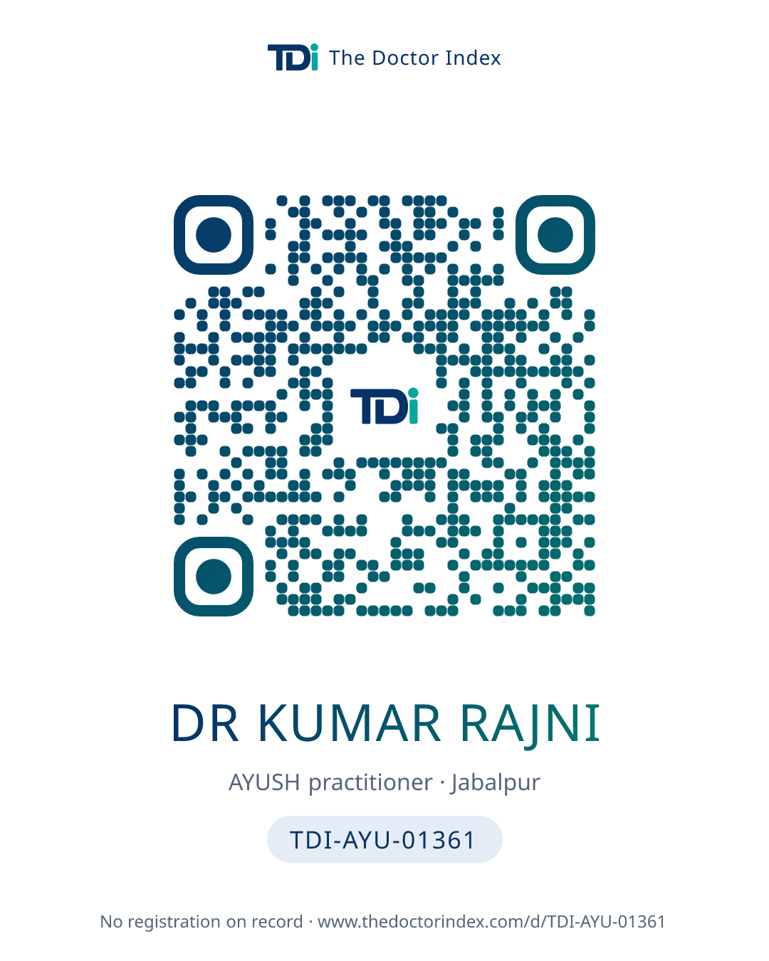 QR card for Dr Kumar Rajni, TDI-AYU-01361