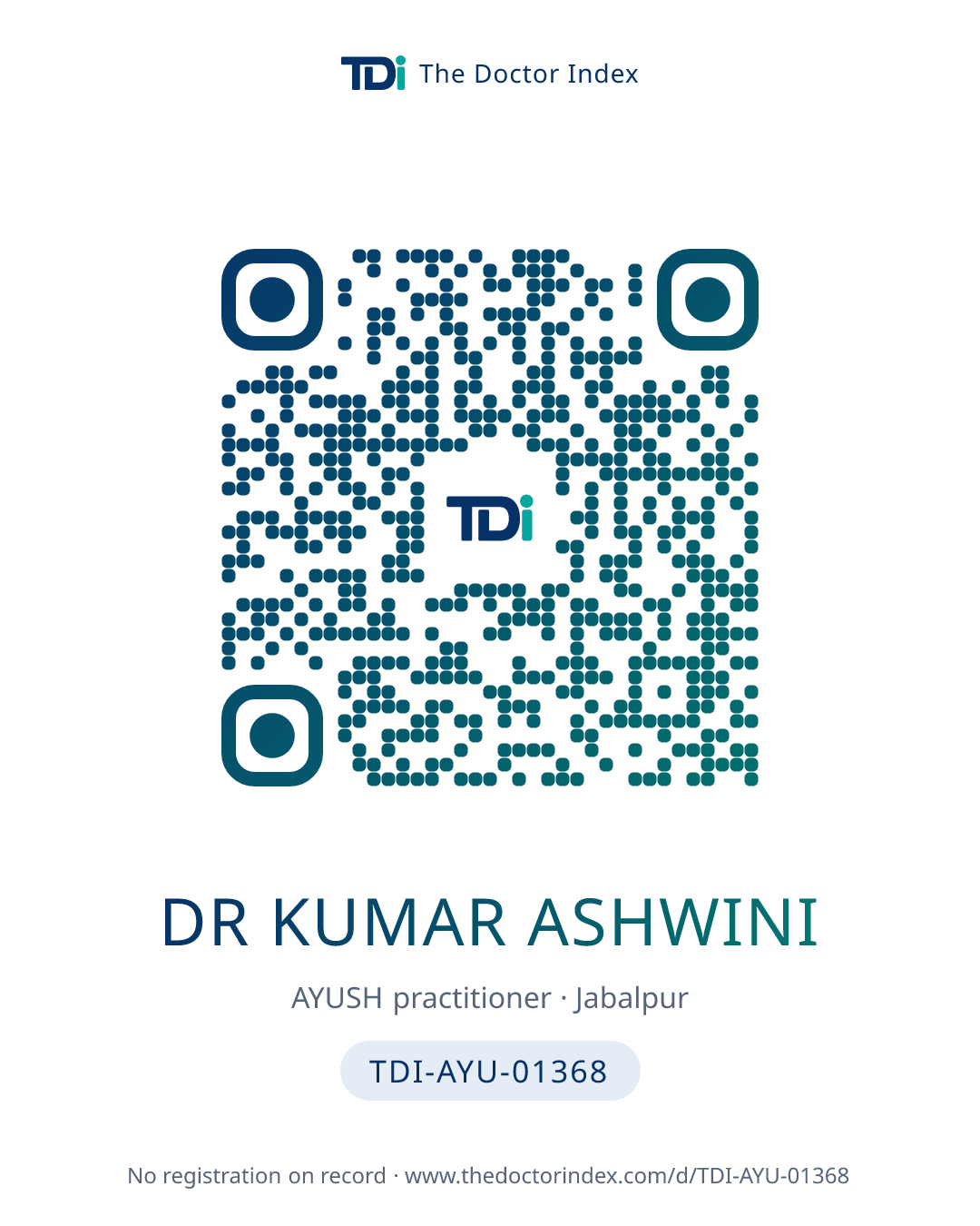 QR card for Dr Kumar Ashwini, TDI-AYU-01368