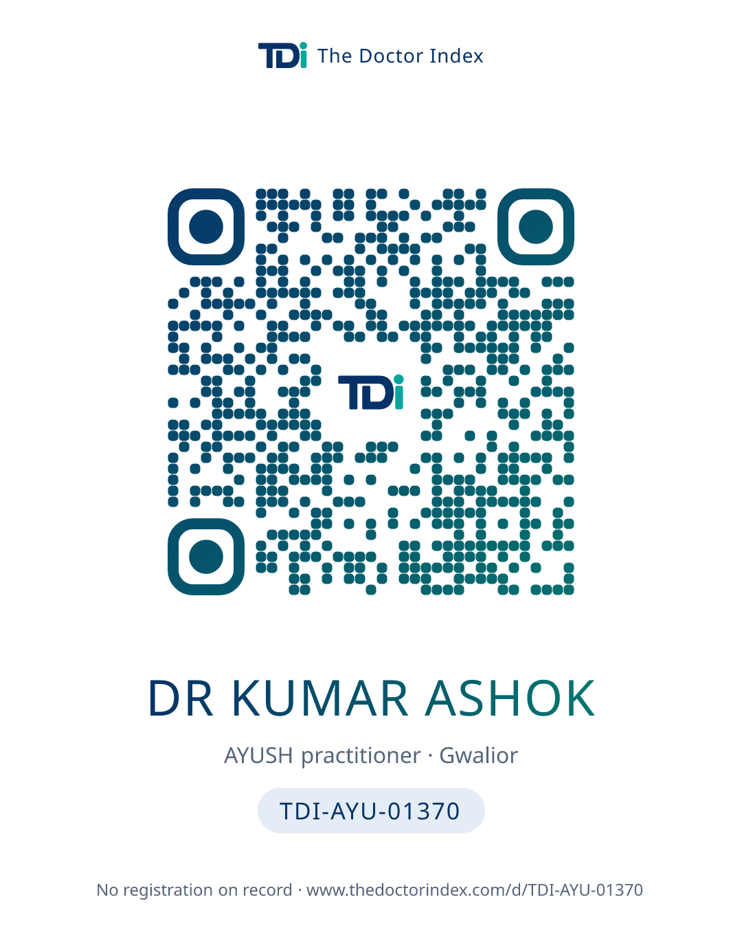 QR card for Dr Kumar Ashok, TDI-AYU-01370
