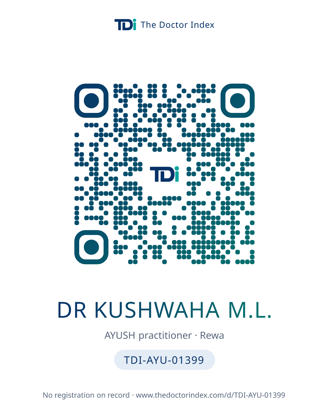 QR card for Dr Kushwaha M.L., TDI-AYU-01399