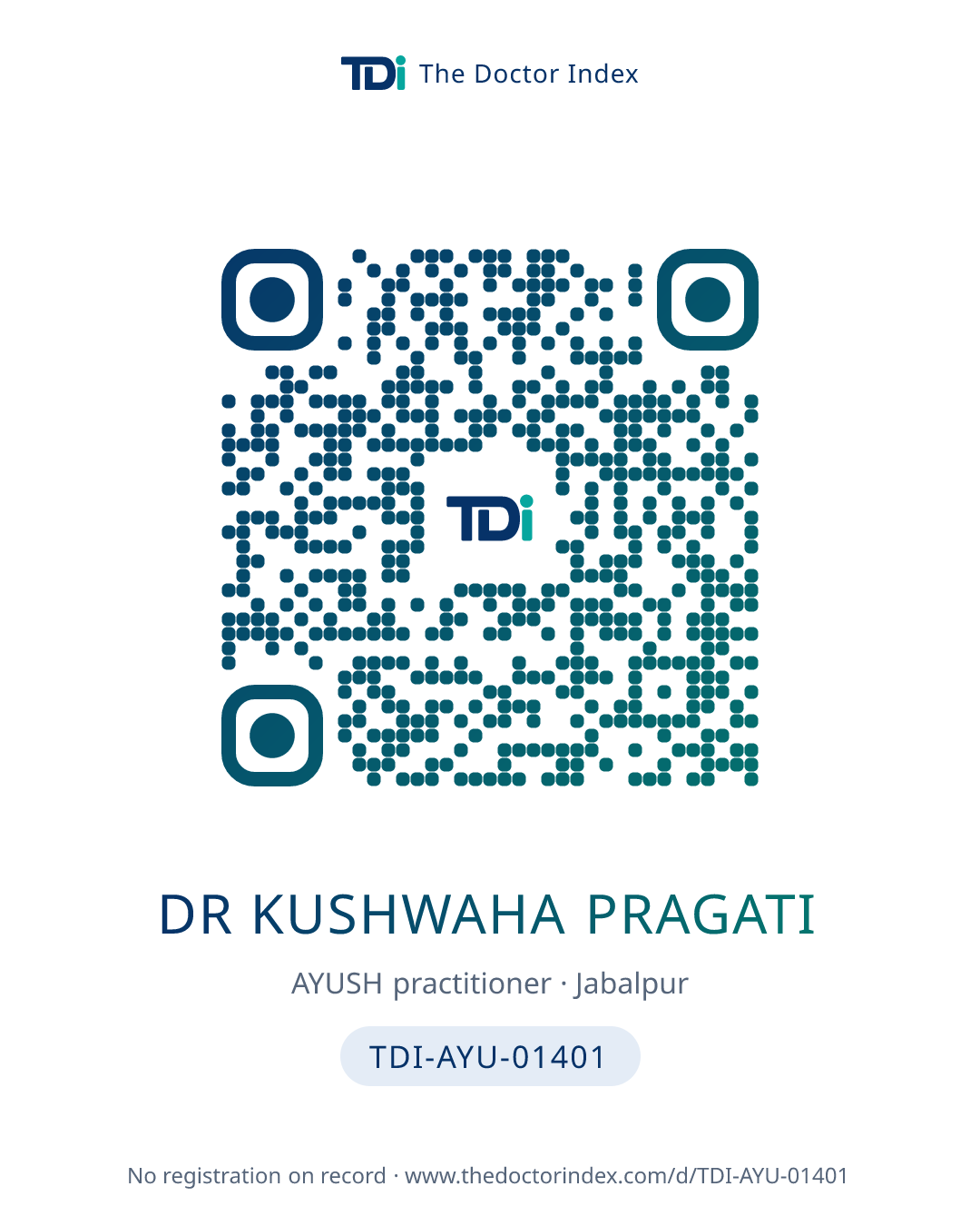 QR card for Dr Kushwaha Pragati, TDI-AYU-01401