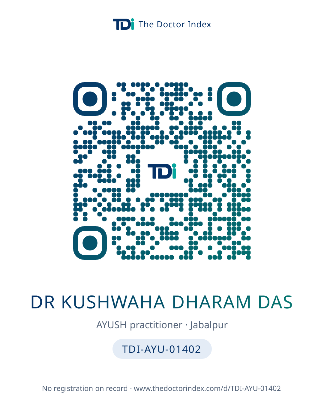 QR card for Dr Kushwaha Dharam Das, TDI-AYU-01402