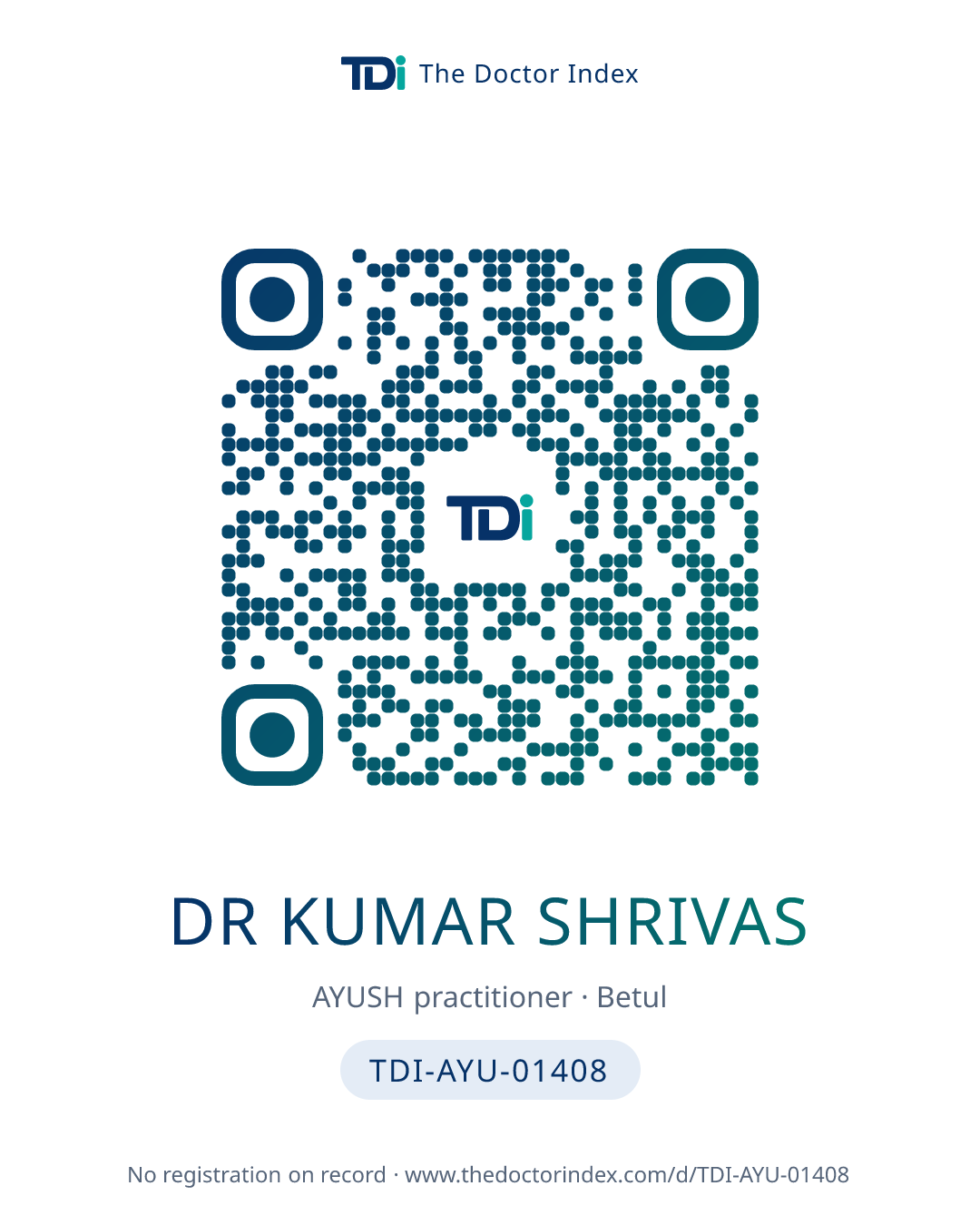 QR card for Dr Kumar Shrivas, TDI-AYU-01408