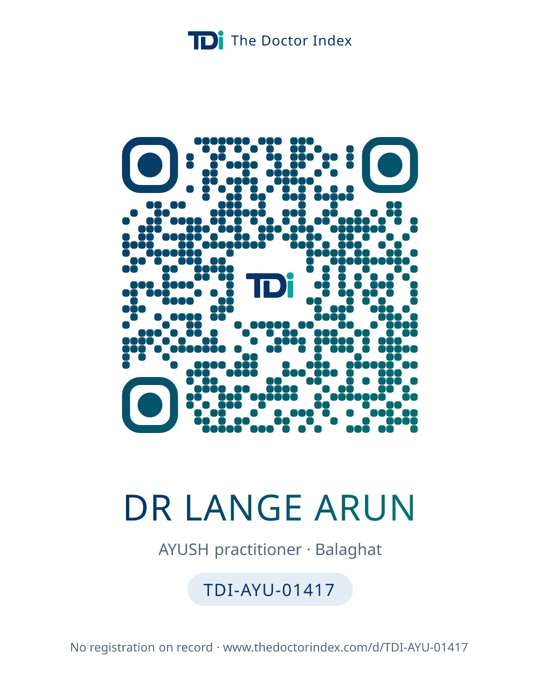 QR card for Dr Lange Arun, TDI-AYU-01417