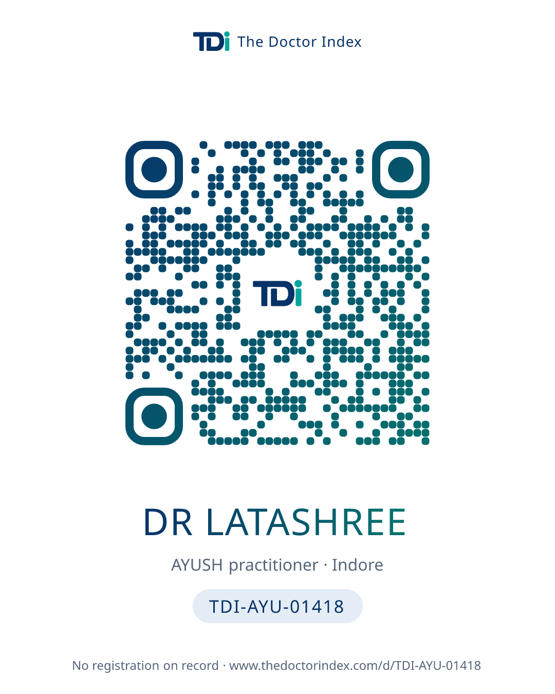 QR card for Dr Latashree, TDI-AYU-01418