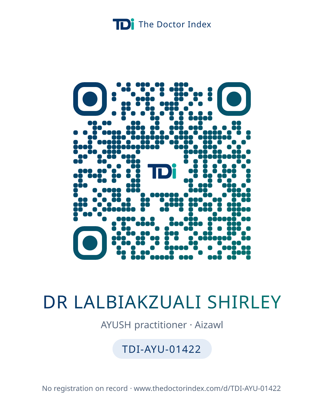 QR card for Dr Lalbiakzuali Shirley, TDI-AYU-01422
