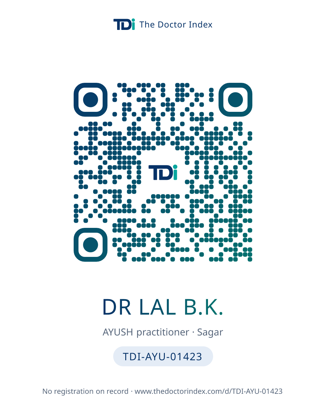 QR card for Dr Lal B.K., TDI-AYU-01423