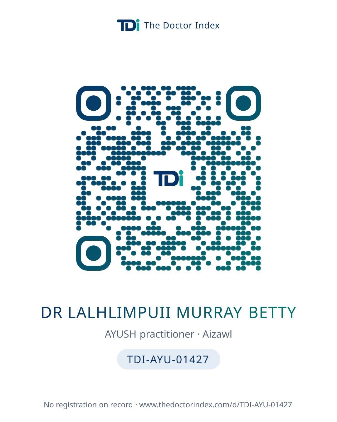 QR card for Dr Lalhlimpuii Murray Betty, TDI-AYU-01427