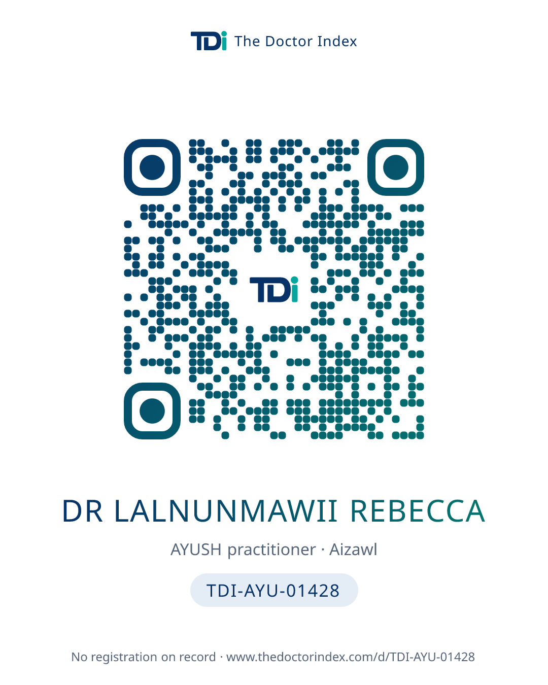 QR card for Dr Lalnunmawii Rebecca, TDI-AYU-01428