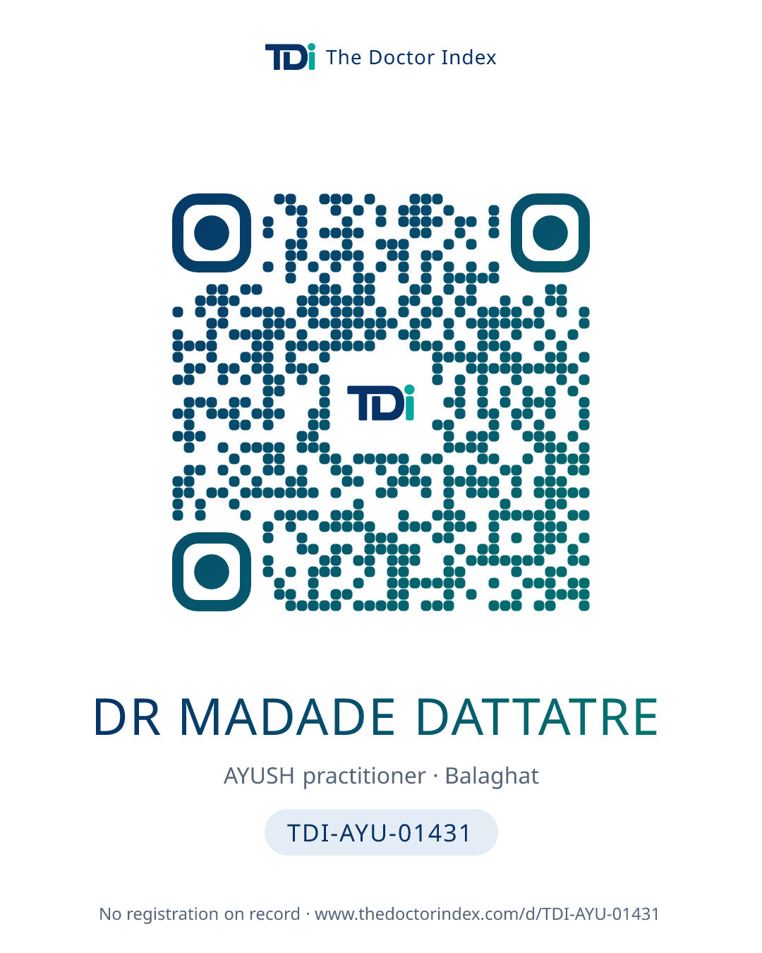 QR card for Dr Madade Dattatre, TDI-AYU-01431