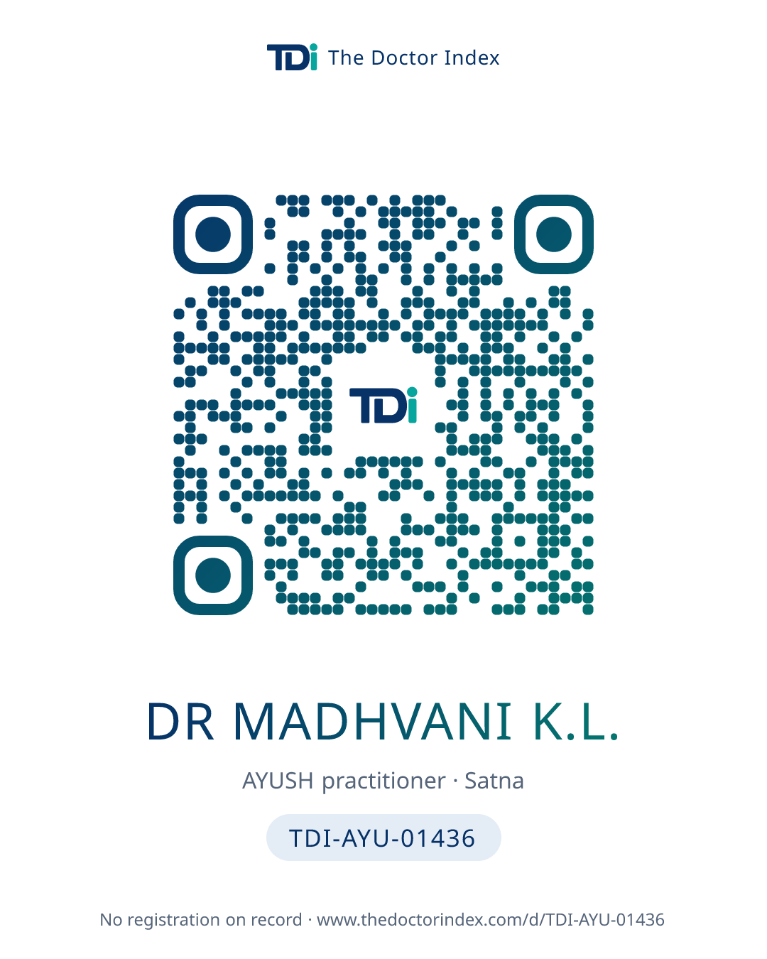 QR card for Dr Madhvani K.L., TDI-AYU-01436