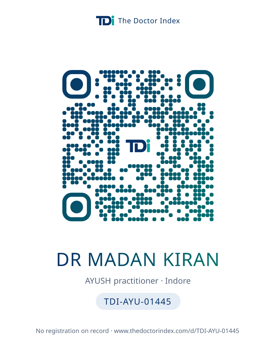 QR card for Dr Madan Kiran, TDI-AYU-01445
