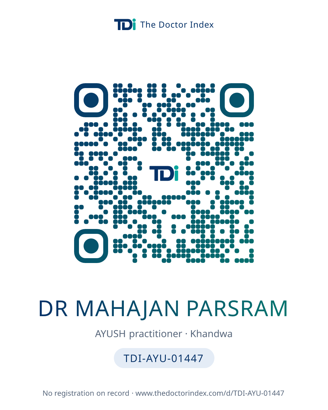 QR card for Dr Mahajan Parsram, TDI-AYU-01447