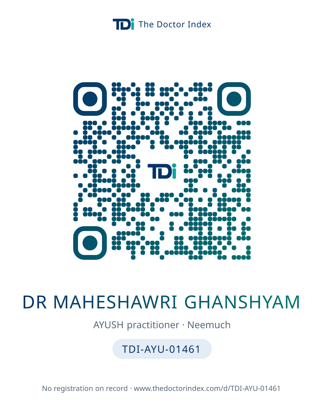 QR card for Dr Maheshawri Ghanshyam, TDI-AYU-01461