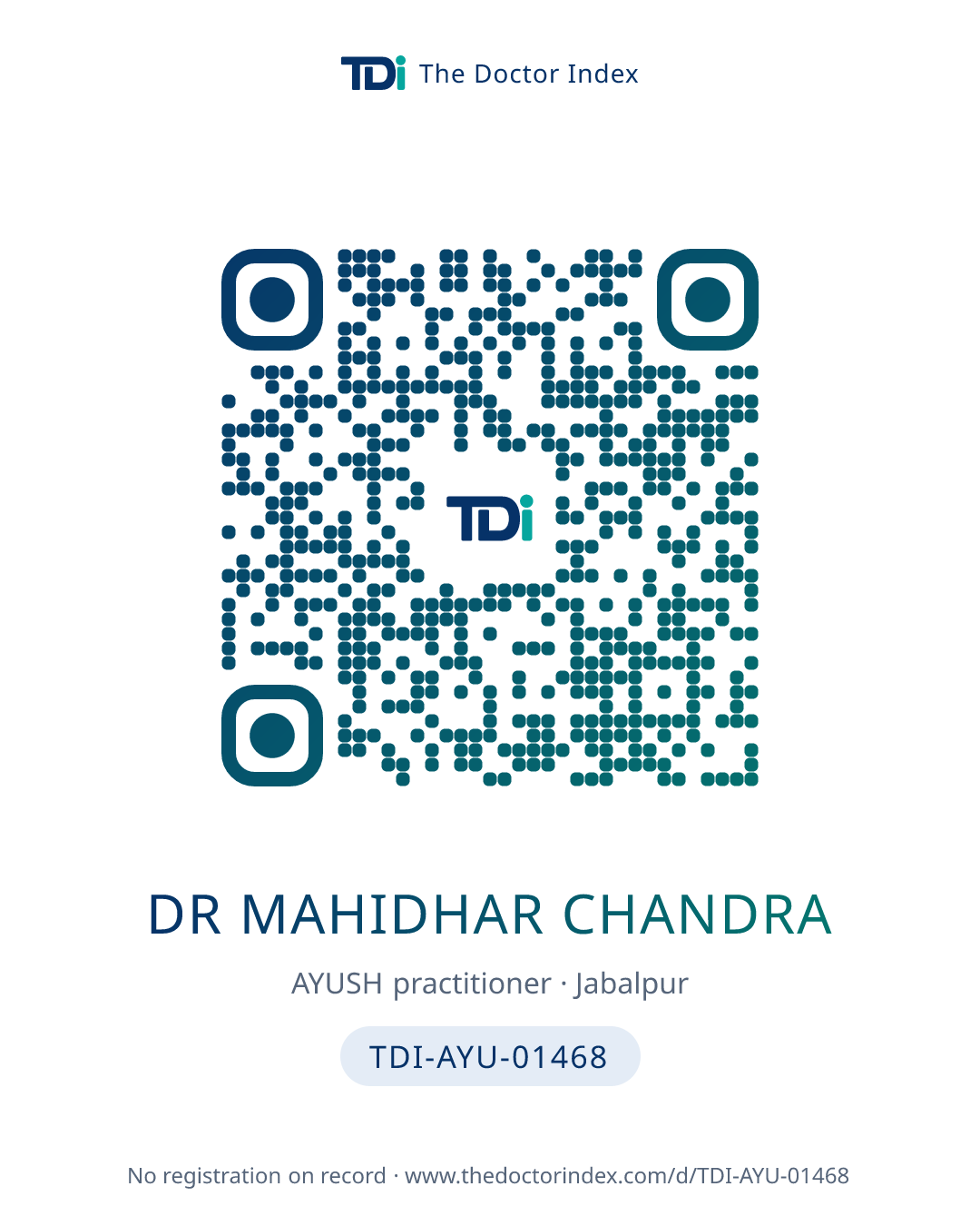 QR card for Dr Mahidhar Chandra, TDI-AYU-01468
