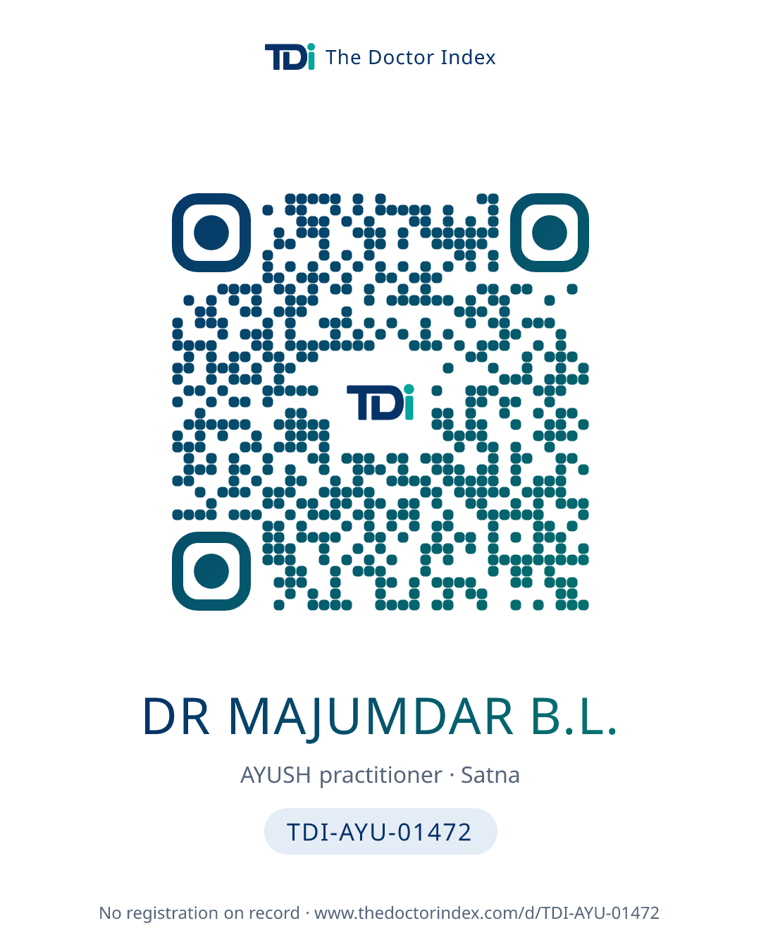 QR card for Dr Majumdar B.L., TDI-AYU-01472