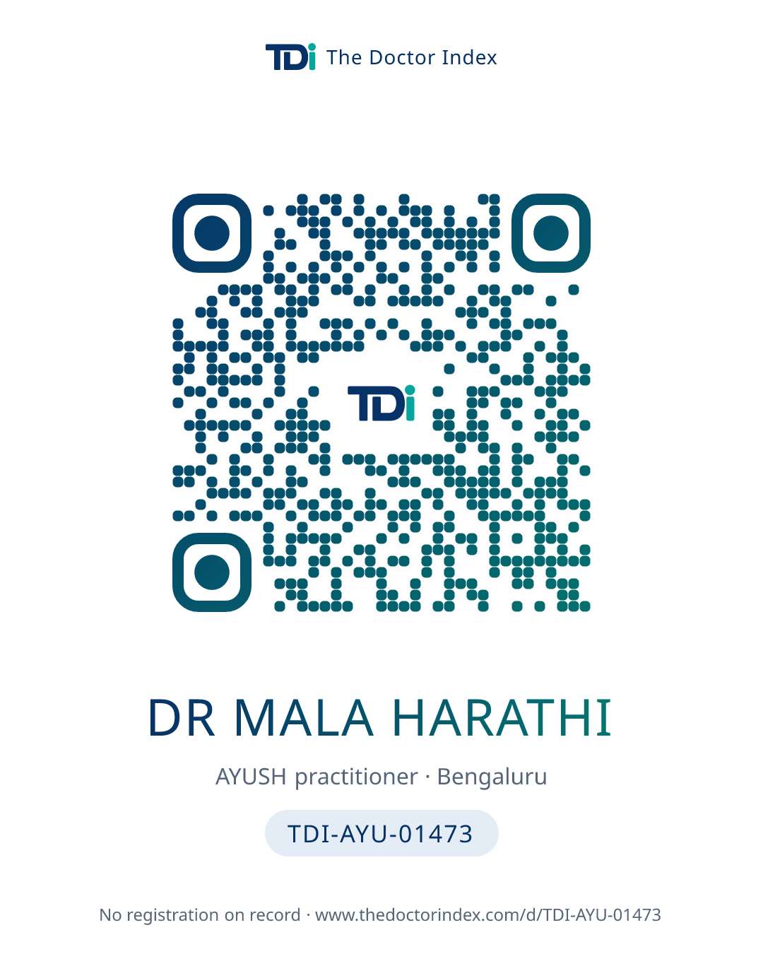 QR card for Dr Mala Harathi, TDI-AYU-01473