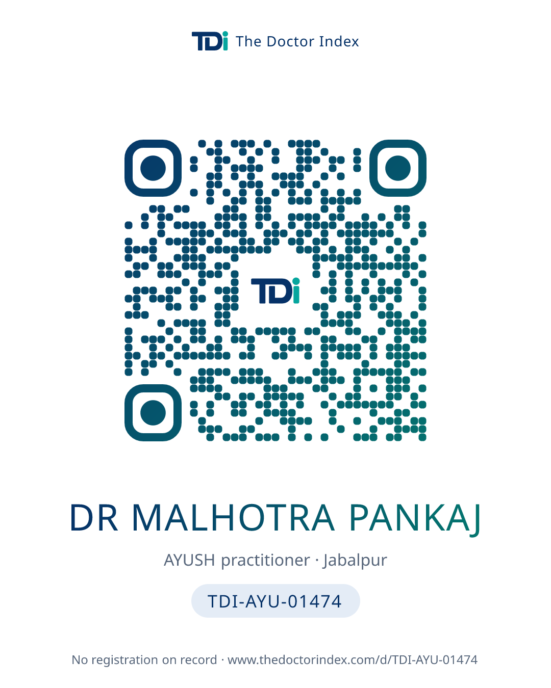 QR card for Dr Malhotra Pankaj, TDI-AYU-01474