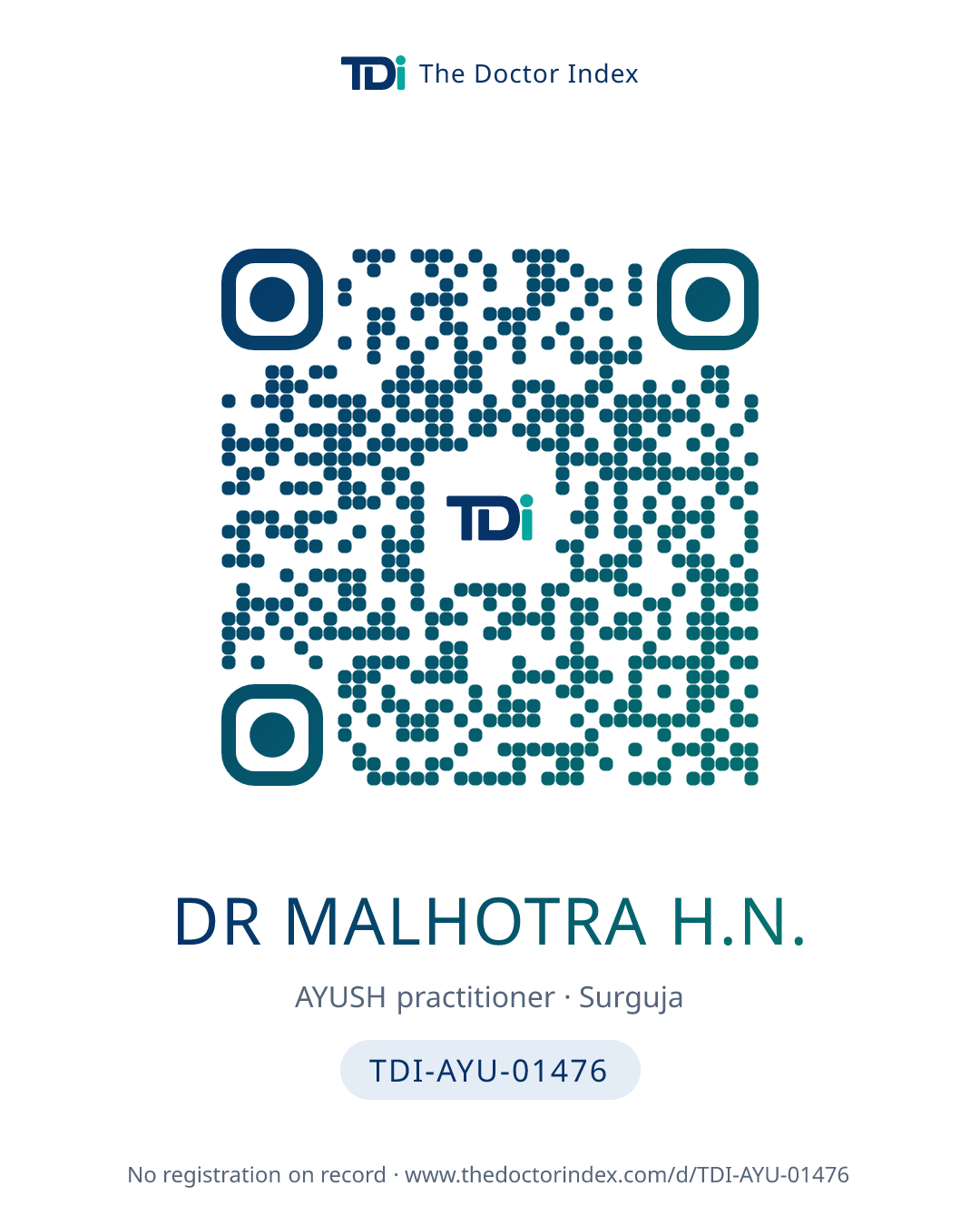 QR card for Dr Malhotra H.N., TDI-AYU-01476