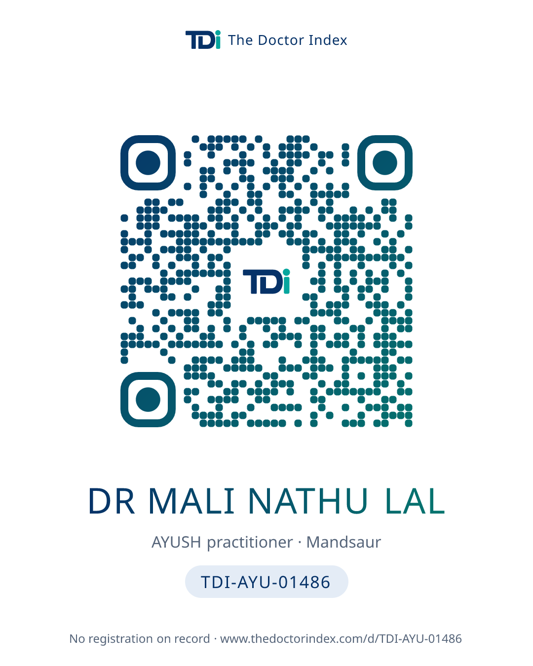 QR card for Dr Mali Nathu Lal, TDI-AYU-01486