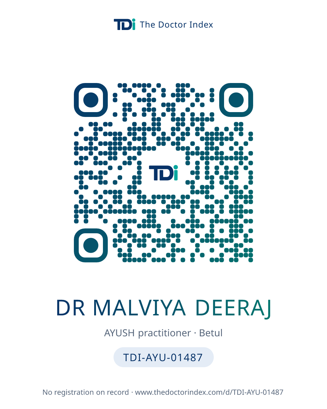 QR card for Dr Malviya Deeraj, TDI-AYU-01487