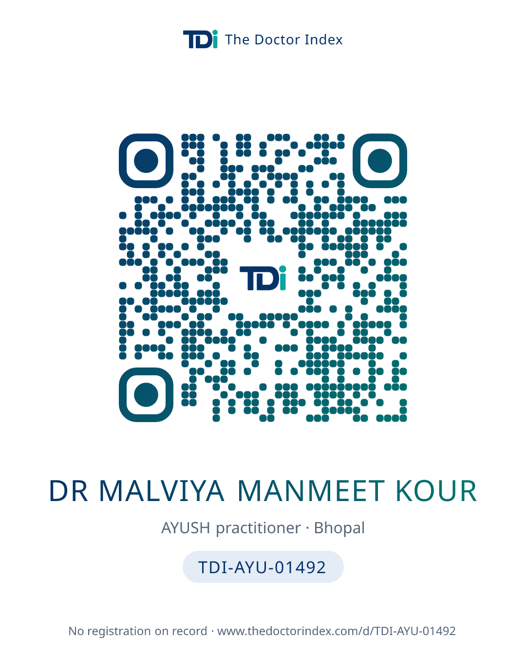 QR card for Dr Malviya Manmeet Kour, TDI-AYU-01492
