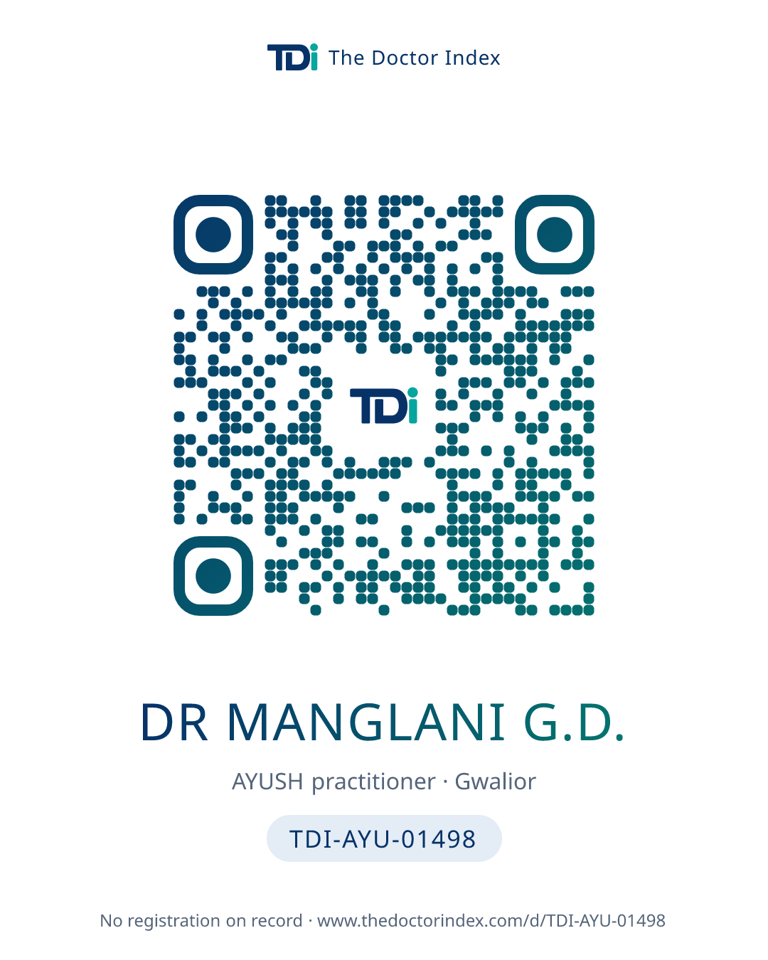 QR card for Dr Manglani G.D., TDI-AYU-01498