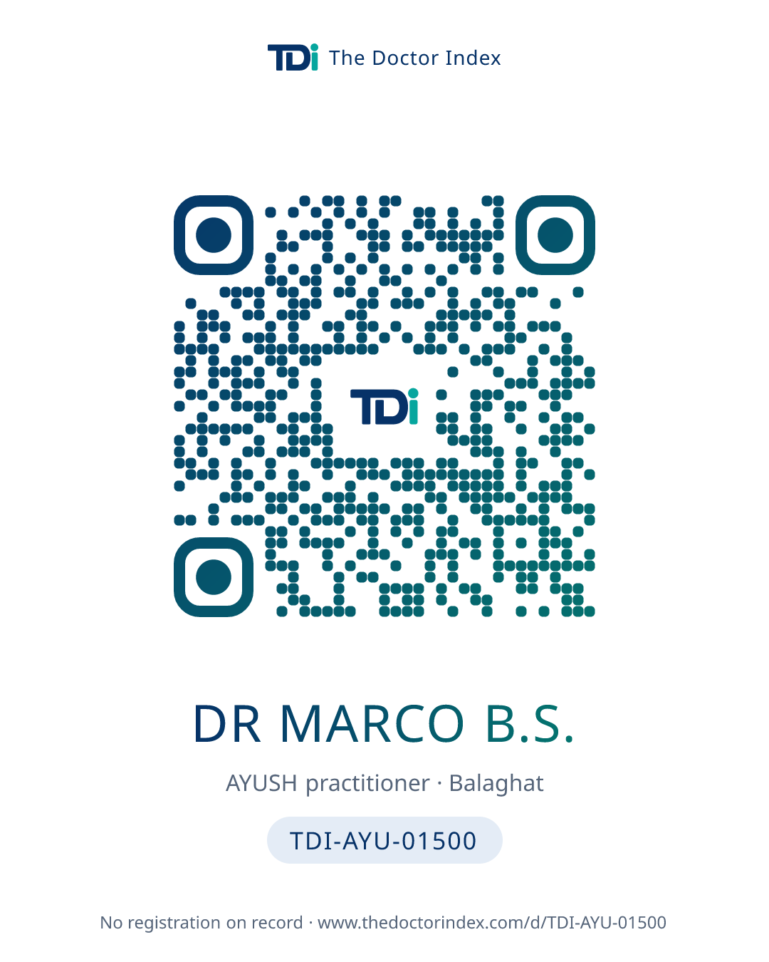 QR card for Dr Marco B.S., TDI-AYU-01500